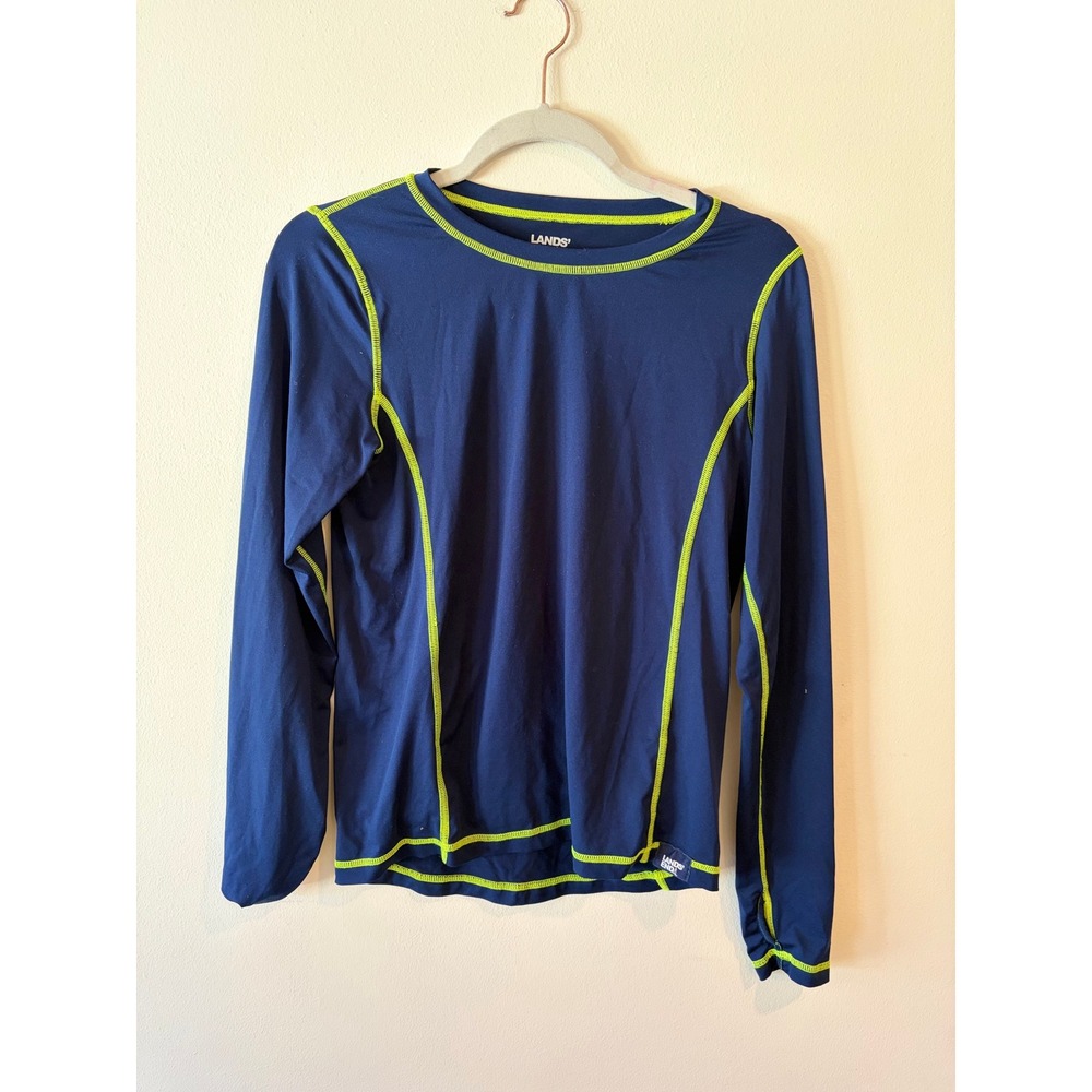 Lands End Kids XL 14-16 Navy Blue Lime Green Rash Guard Long Sleeve Swim Top